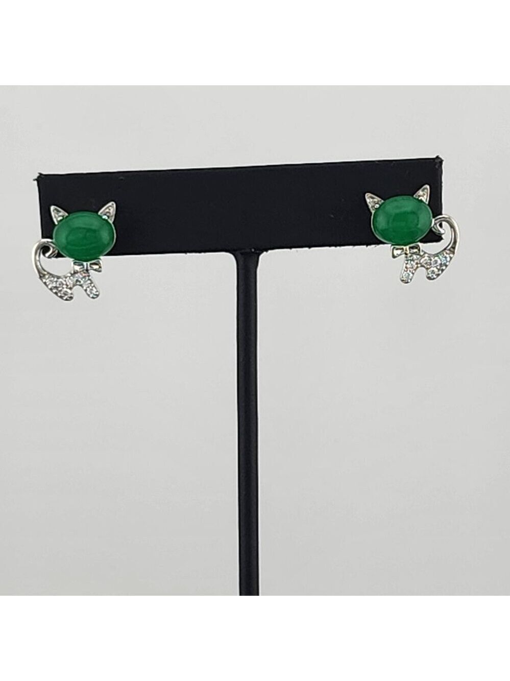 Whimsical Cat Earrings in Brass with Jade Highlights
